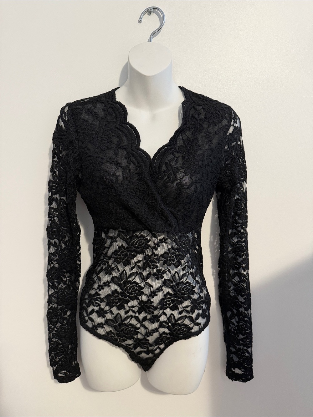 Revamped Black Lace Long-Sleeve Surplice Bodysuit